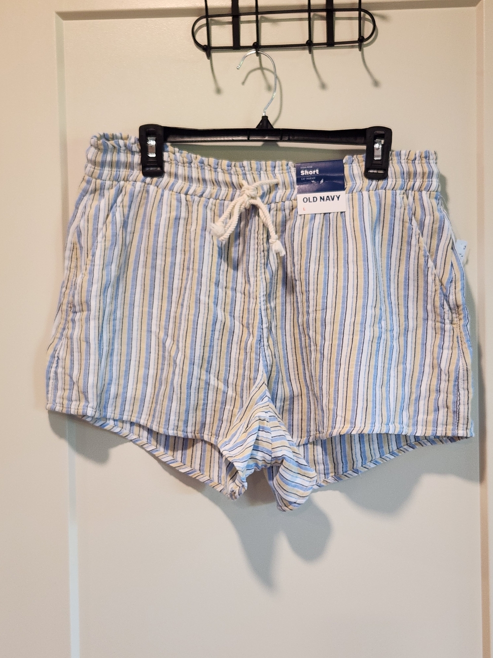 Old Navy Blue Yellow Striped Women's Drawstring Shorts 100% Cotton Large NEW